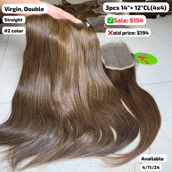 3pcs 14" and 12" 4x4 closure Straight double drawn #2 color virgin hair