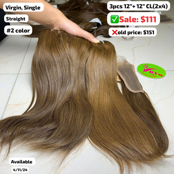 3pcs 12" and 12" 2x4 closure Straight double drawn #2 color virgin hair