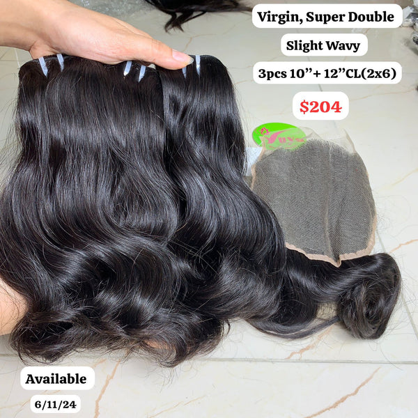 3pcs 10" and 12" 2x6 closure Slight wavy super double drawn virgin hair