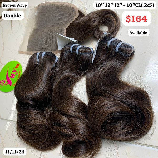 10"12"12" bundles and 10" 5x5 closure Wave double drawn brown hair