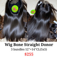 12" 5x5 closure wig Bone straight donor hair (from 3 bundles 12" and 14" 5x5 closure)