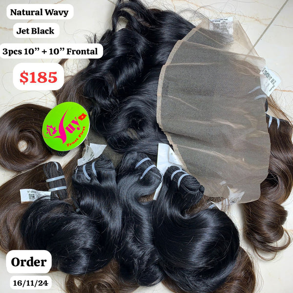 3pcs 10" and 10" frontal natural wave jet black hair