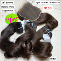 3pcs 14" and 12" 5x5 HD closure Natural wave single drawn brown hair