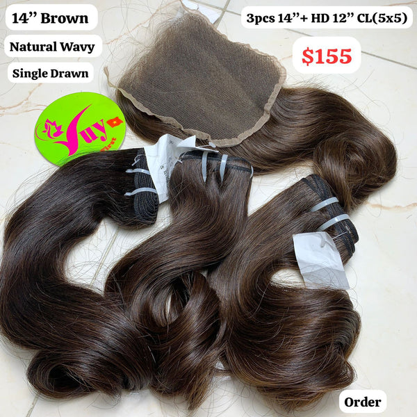 3pcs 14" and 12" 5x5 HD closure Natural wave single drawn brown hair