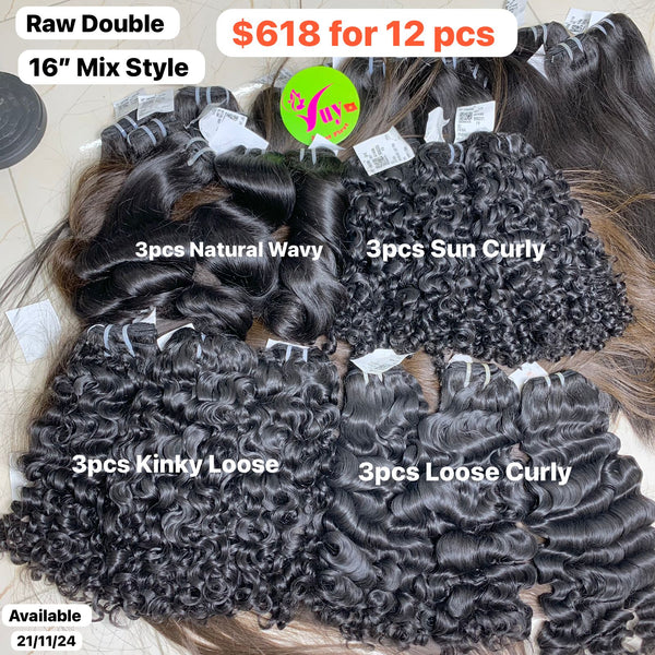 16" Mix styles 3pcs natural wave 3pcs sun curly 3pcs kinky loose and 3pcs loose curly double drawn raw hair (12pcs)