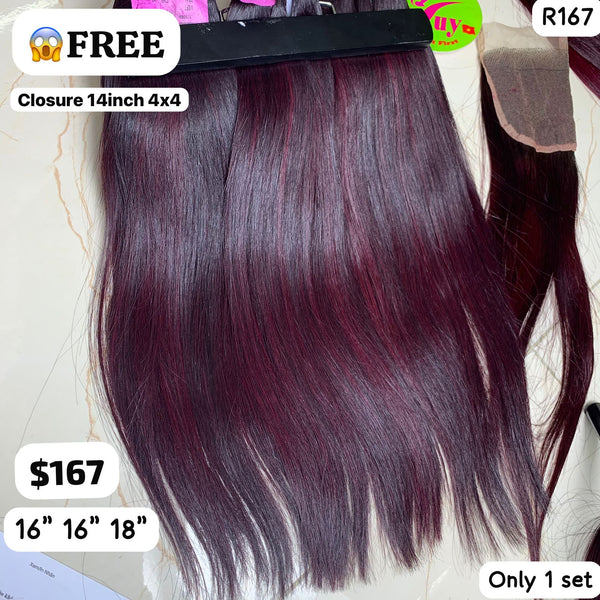 16"16"18" straight double drawn highlight wine color hair (Free 14" 4x4 closure)