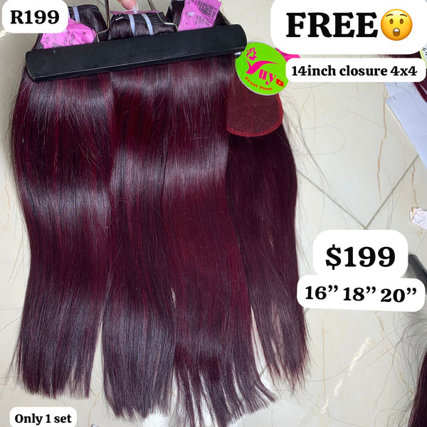 16"18"20" straight double drawn highlight wine color hair (Free 14" 4x4 closure)