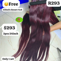 3pcs 24" straight double drawn wine color hair (Free 22" 4x4 closure)