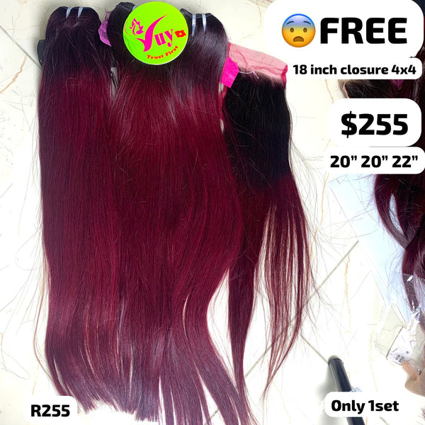 20"20"22" straight double drawn wine color hair (Free 18" 4x4 closure)