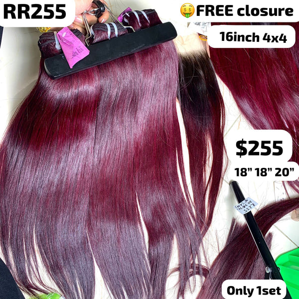 18"18"20" straight double drawn wine color hair (Free 16" 4x4 closure)