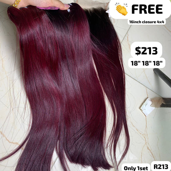 3pcs 18" straight double drawn wine color hair (Free 16" 4x4 closure)