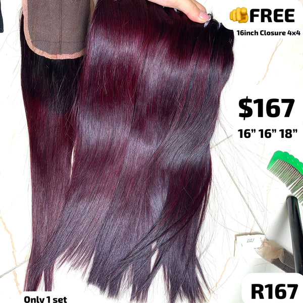 16"16"18" straight double drawn wine color hair (Free 16" 4x4 closure)