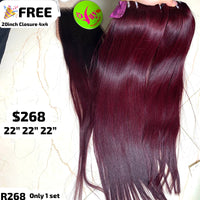 3pcs 22" straight double drawn wine color hair (Free 20" 4x4 closure)