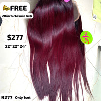 22"22"24" straight double drawn wine color hair (Free 20" 4x4 closure)