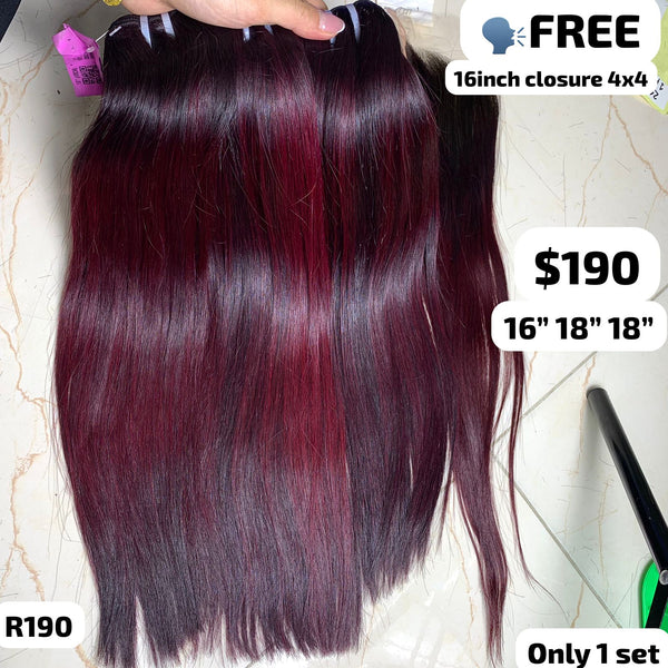 16"18"18" straight double drawn highlight wine color hair (Free 16" 4x4 closure)