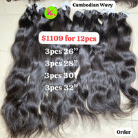 3pcs 26" 3pcs 28" 3pcs 30" and 3pcs 32" Cambodian wavy hair (12pcs total)