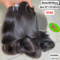 3pcs 12" and 12" 4x4 closure Wavy single donor hair