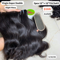 3pcs 12" and 12" 2x6 closure Slight wave super double drawn virgin hair