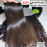 3pcs 16" and 16" 5x5 closure Straight single donor brown color hair