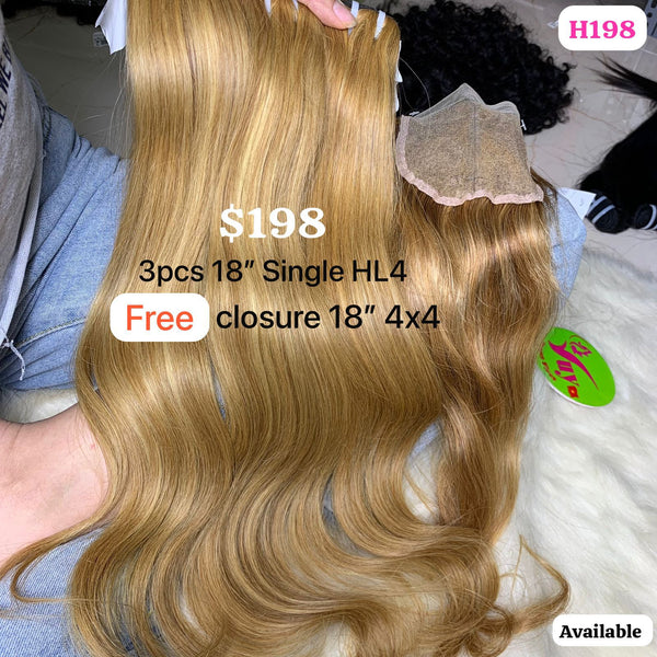 3pcs 18" straight hair single drawn highlight HL4 color (Free closure 18" 4x4)