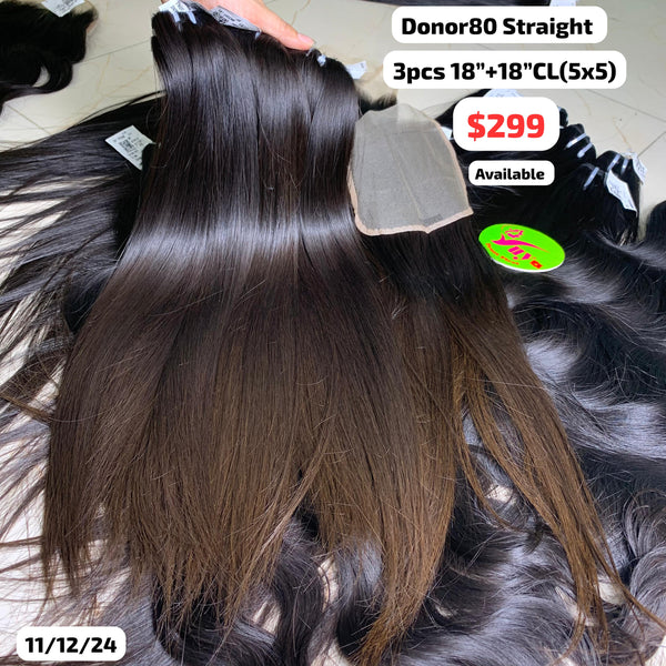 3pcs 18" and 18" 5x5 closure Straight single donor hair brown color