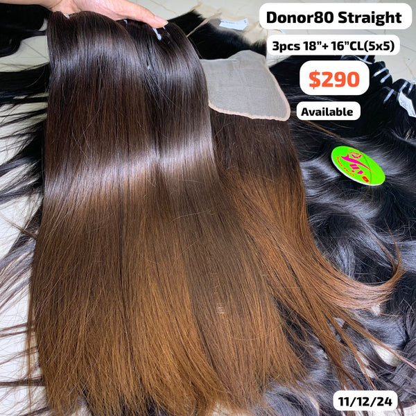 3pcs 18" and 16" 5x5 closure Straight single donor hair brown color