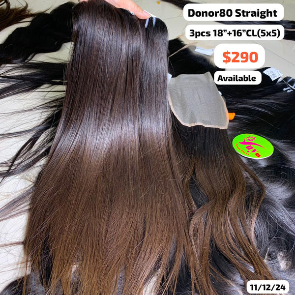 3pcs 18" and 16" 5x5 closure Straight single donor hair brown color