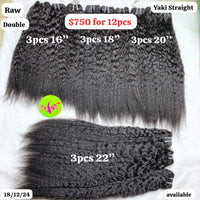 3pcs 16" 3pcs 18" 3pcs 20" 3pcs 22" Yaki straight double drawn raw hair (12 bundles)