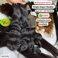 2pcs 16" and 16" 2x4 closure Wavy super double drawn virgin hair