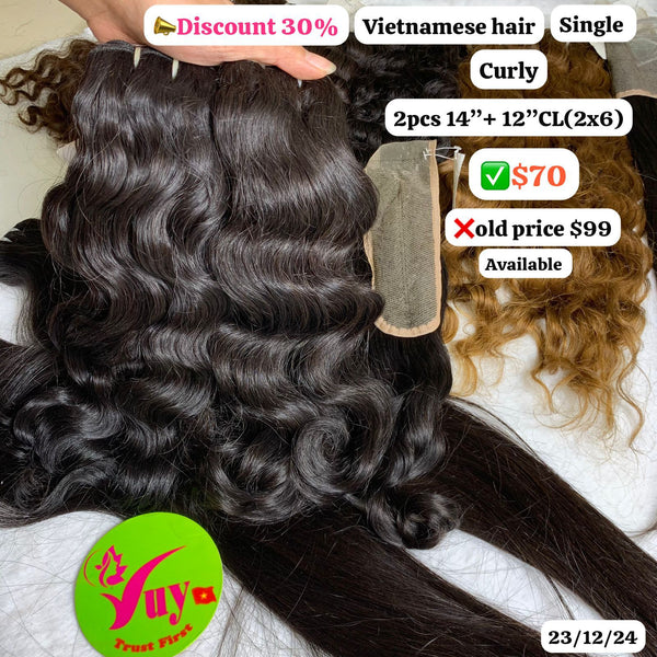 2pcs 14" and 12" 2x6 closure Curly single drawn Vietnamese hair