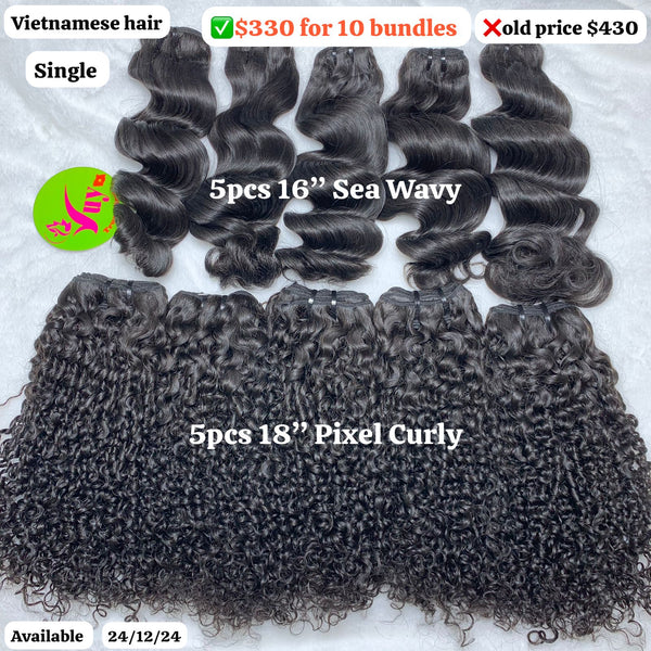 5pcs 16" Sea wave and 5pcs 18" Pixel curly single drawn Vietnamese hair (total 10pcs)