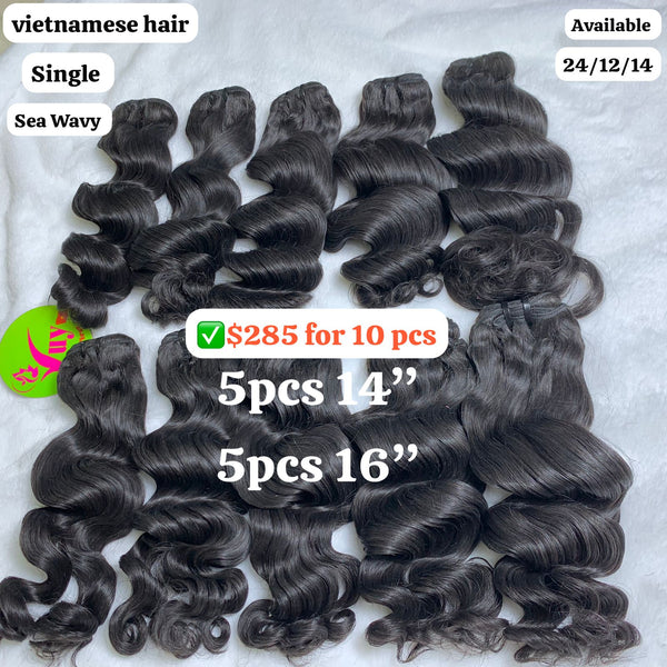 5pcs 14" and 5pcs 16" Sea wave single drawn Vietnamese hair