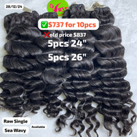 5pcs 24" and 5pcs 26" Sea wave single drawn raw hair