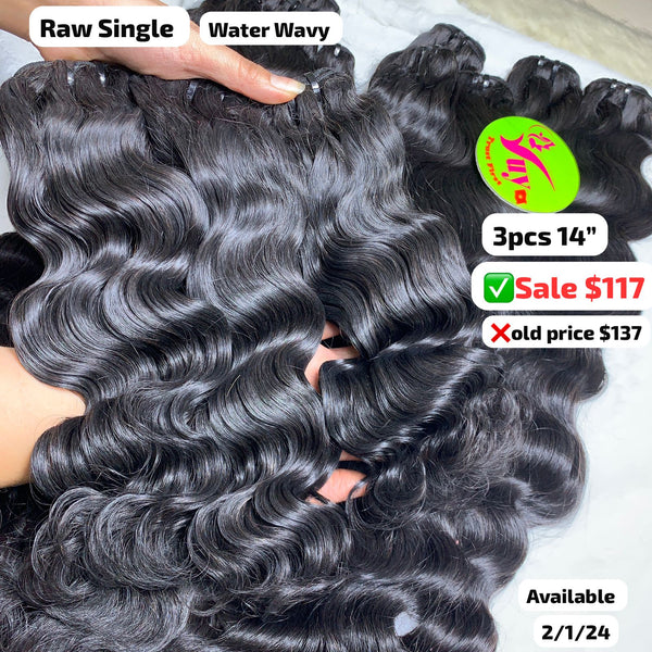 3pcs 14" Water wave single drawn raw hair