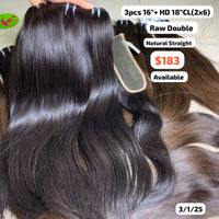 3pcs 16" and 18" 2x6 HD lace closure Straight double drawn raw hair