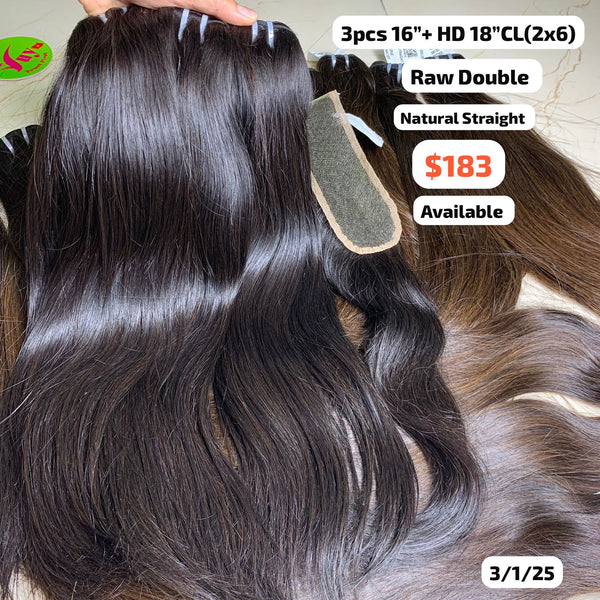 3pcs 16" and 18" 2x6 HD lace closure Straight double drawn raw hair