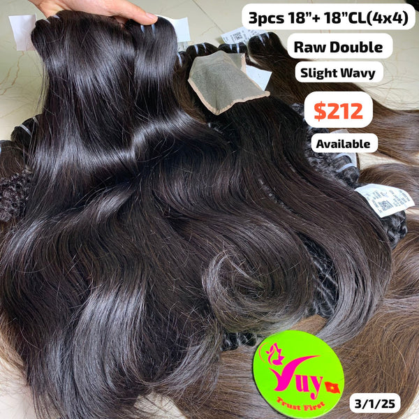 3pcs 18" and 18" 4x4 closure Slight wave double drawn raw hair