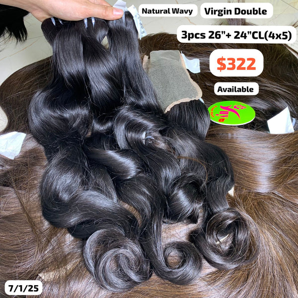 3pcs 26" and 24" 4x5 closure Natural wave double drawn virgin hair