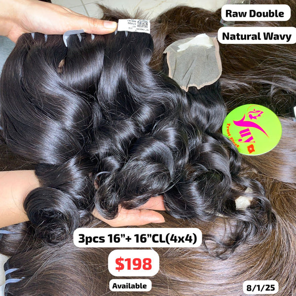 3pcs 16" and 16" 4x4 closure Natural wave double drawn raw hair