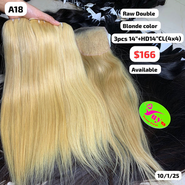 3pcs 14" and 14" 4x4 closure Straight double drawn blonde color raw hair (A18)