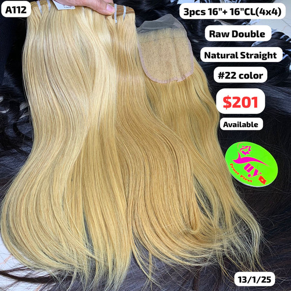 3pcs 16" and 16" 4x4 closure Natural straight double drawn blonde color raw hair (A112)