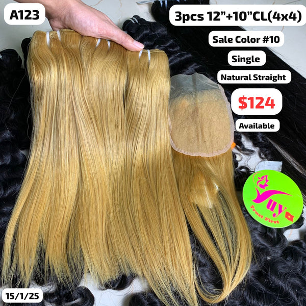 3pcs 12" and 10" 4x4 closure Natural straight single drawn #10 color raw hair (A123)