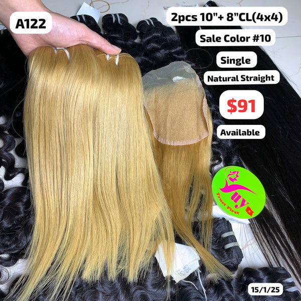 2pcs 10" and 8" 4x4 closure Natural straight single drawn #10 color raw hair (A122)