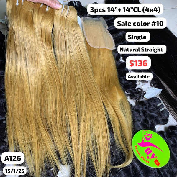 3pcs 14" and 14" 4x4 closure Natural straight single drawn #10 color raw hair (A126)