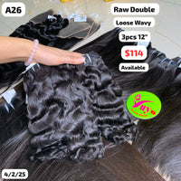 3pcs 12" Loose wave double drawn raw hair (A26)