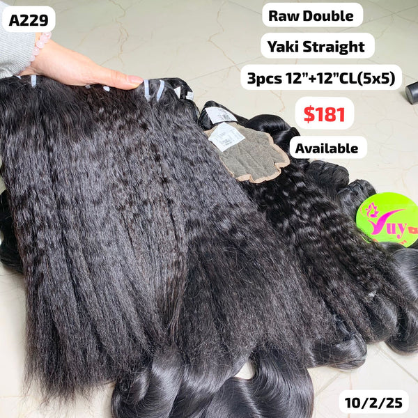 3pcs 12" and 12" 5x5 closure Yaki straight double drawn raw hair (A229)