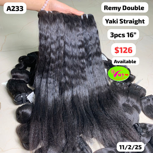 3pcs 16" Yaki straight double drawn remy hair (A233)