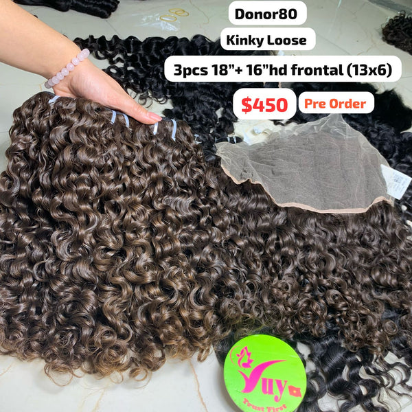 [PRE-ORDER] 3pcs 18" and 16" 13x6 HD frontal Kinky loose curly single donor hair