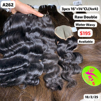 3pcs 16" and 14" 4x4 closure Water wavy double drawn raw hair (A262)