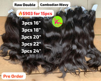 [PRE-ORDER] Deal 15pcs Cambodian wavy double drawn raw hair (16" to 24", 3pcs each length)